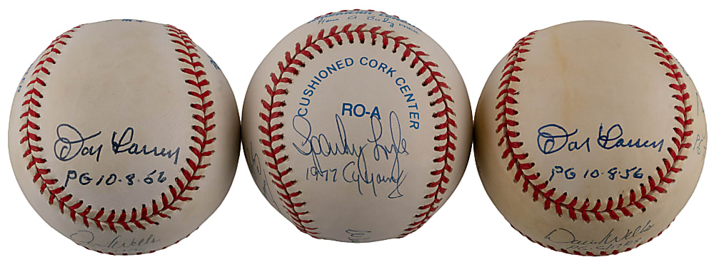New York Yankees Cy Young, No-Hitter & Perfect Game Signed Ball Trio (13 Total Signatures)