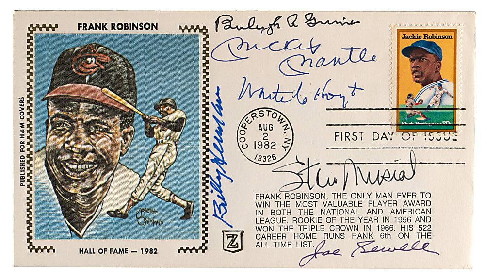 1982 Frank Robinson First Day Cover Signed by (6) Hall of Famers with Mantle, Musial & Grimes - JSA LOA