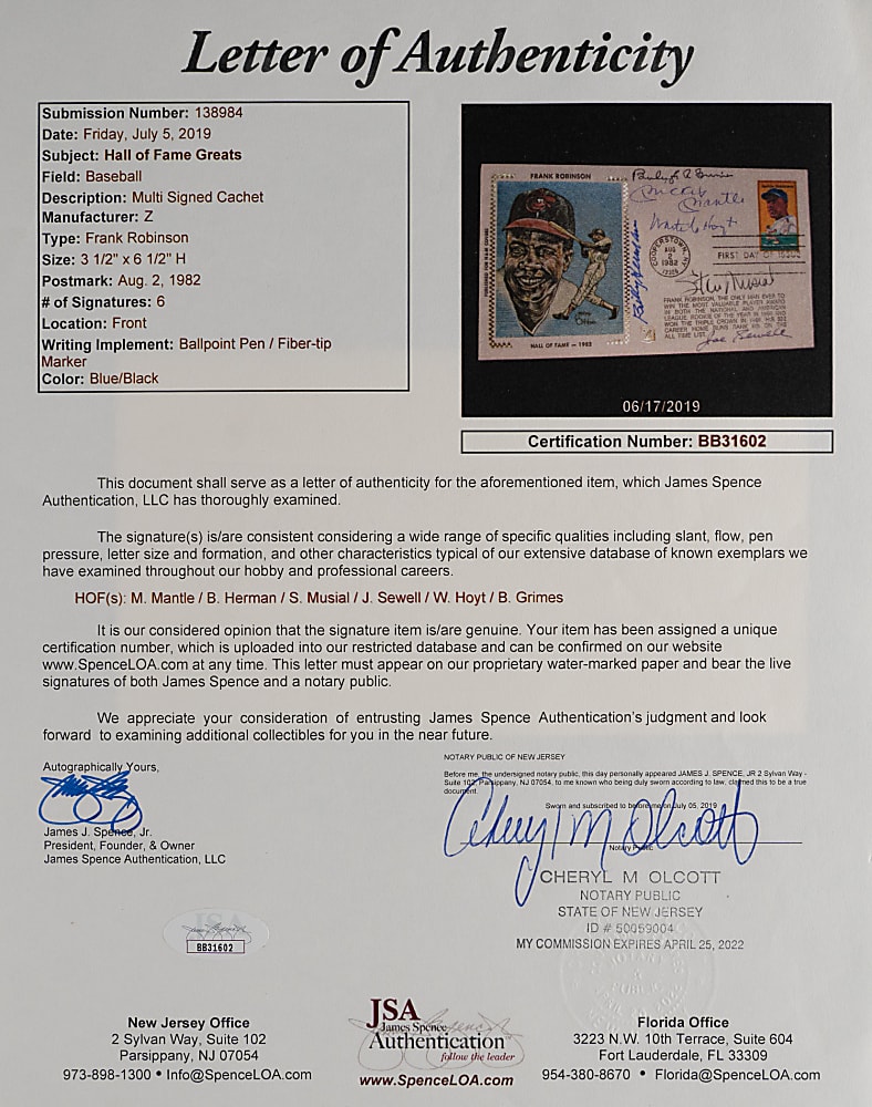 1982 Frank Robinson First Day Cover Signed by (6) Hall of Famers with Mantle, Musial & Grimes - JSA LOA