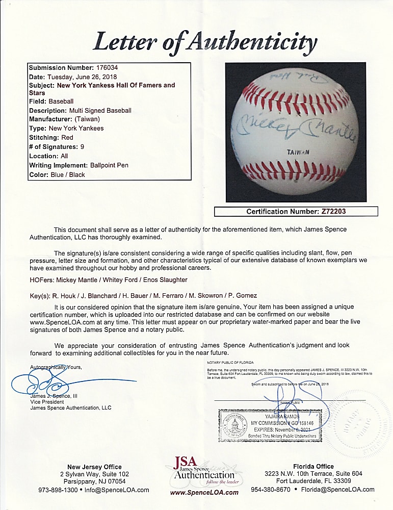 New York Yankees Hall of Famers & Stars Baseball Signed by (9) Including Mickey Mantle - Full JSA LOA