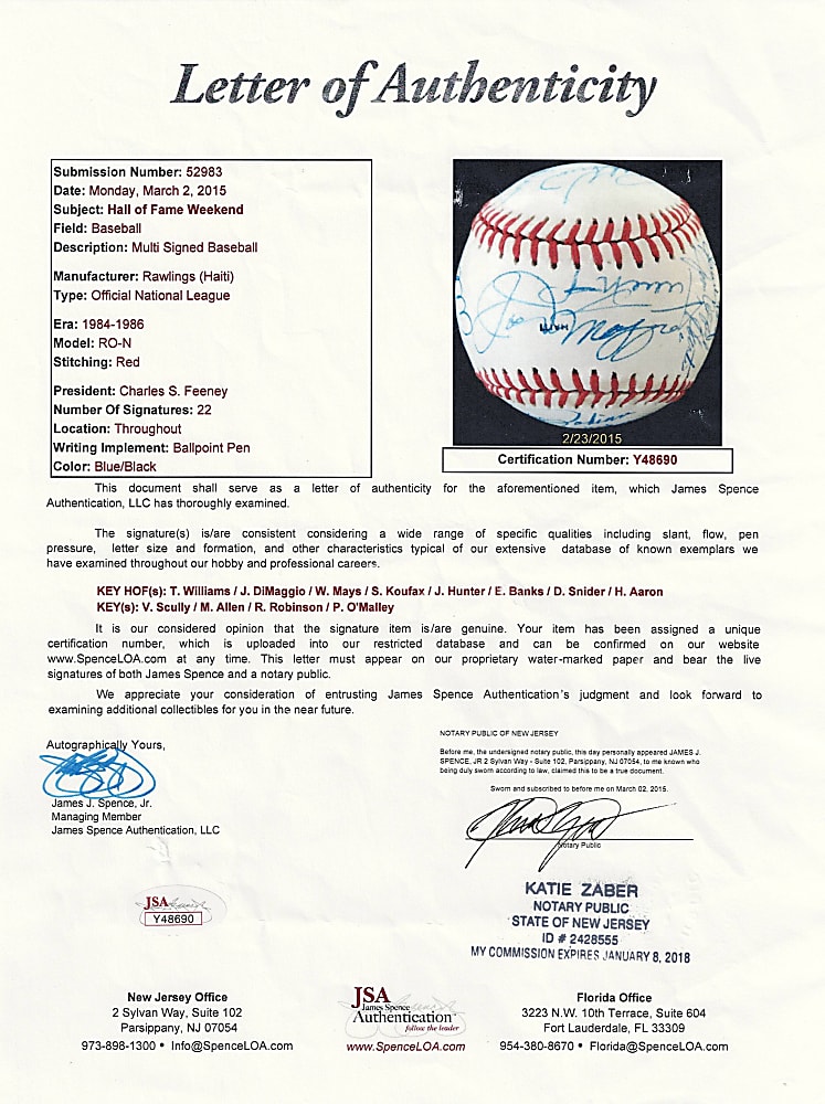 Hall of Fame Weekend Multi-Signed Baseball (22) Including Aaron, DiMaggio, Koufax, Mays & T. Williams - JSA LOA