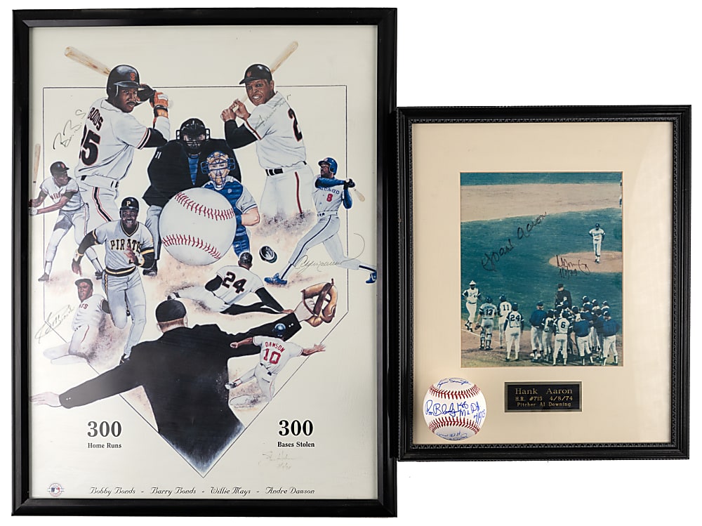 Multi-Signed Baseball & Framed Photos Quartet with (21) Signatures Including Aaron, Bonds & Mays