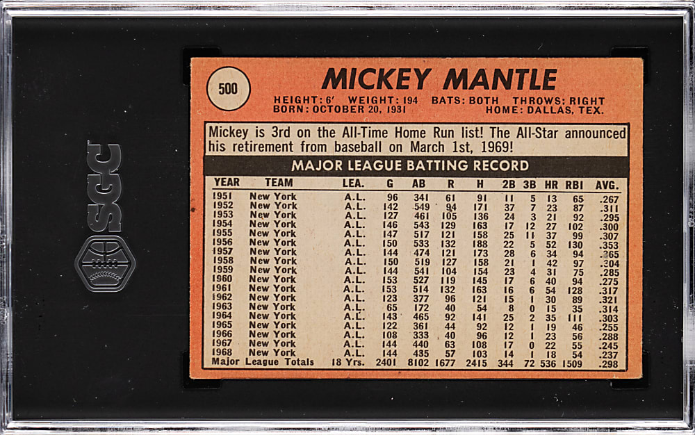 1969 Topps #500 Mickey Mantle SGC VG+ 3.5