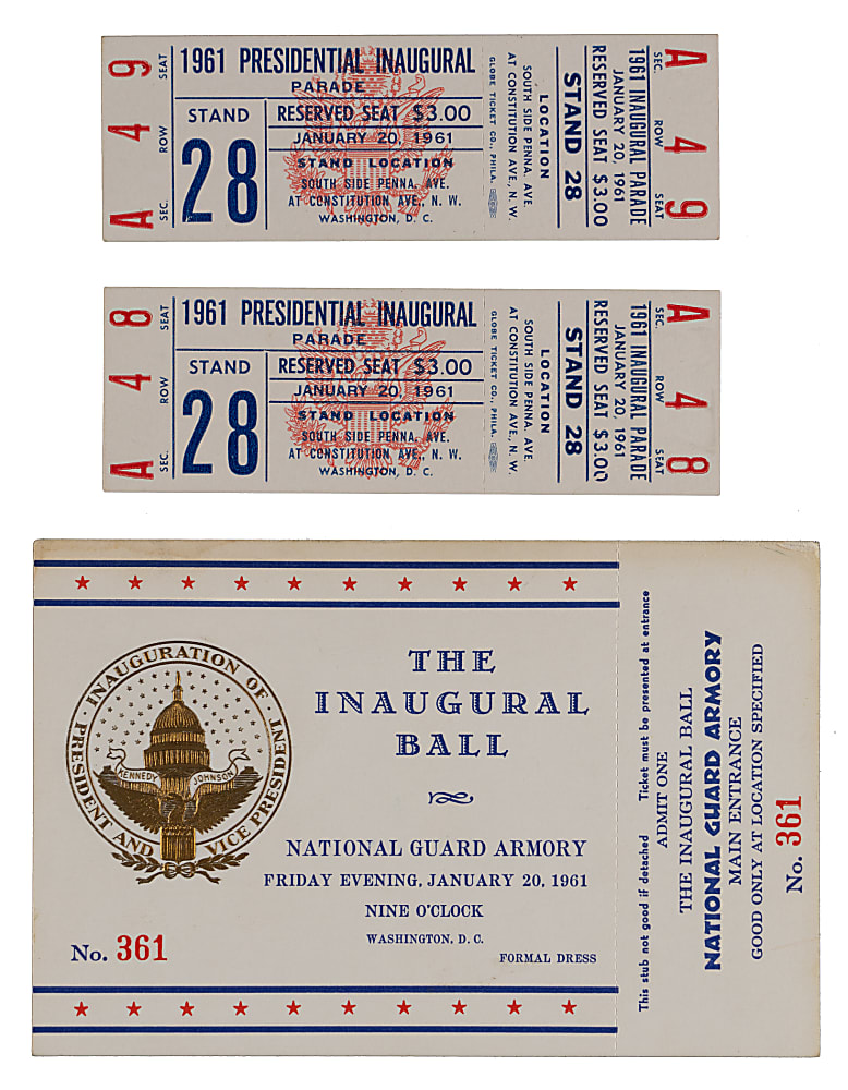 January 20, 1961 John F. Kennedy Presidential Inaugural Tickets (3) with Ball & (2) Parade