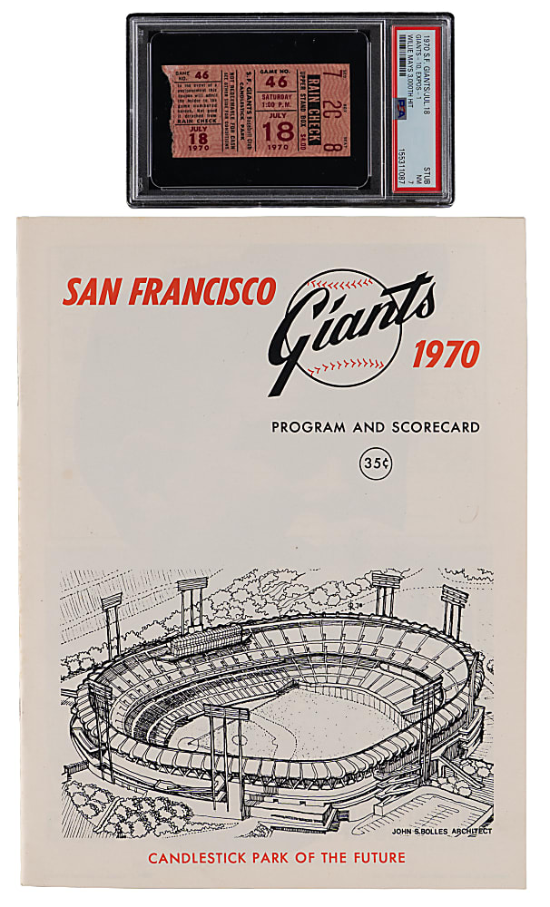 July 18, 1970 San Francisco Giants (vs. Montreal Expos) Willie Mays 3000th Hit Ticket Stub PSA NM 7 (Pop 1) & Neatly Scored Program Pair