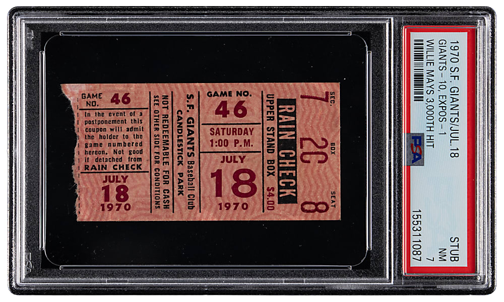 July 18, 1970 San Francisco Giants (vs. Montreal Expos) Willie Mays 3000th Hit Ticket Stub PSA NM 7 (Pop 1) & Neatly Scored Program Pair