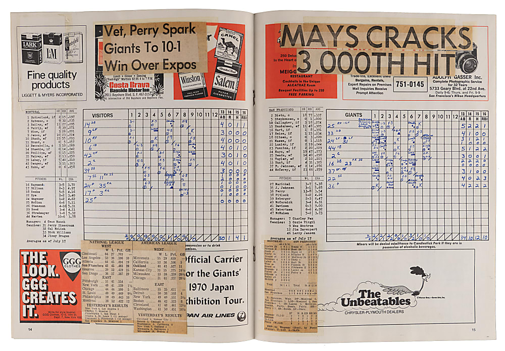 July 18, 1970 San Francisco Giants (vs. Montreal Expos) Willie Mays 3000th Hit Ticket Stub PSA NM 7 (Pop 1) & Neatly Scored Program Pair