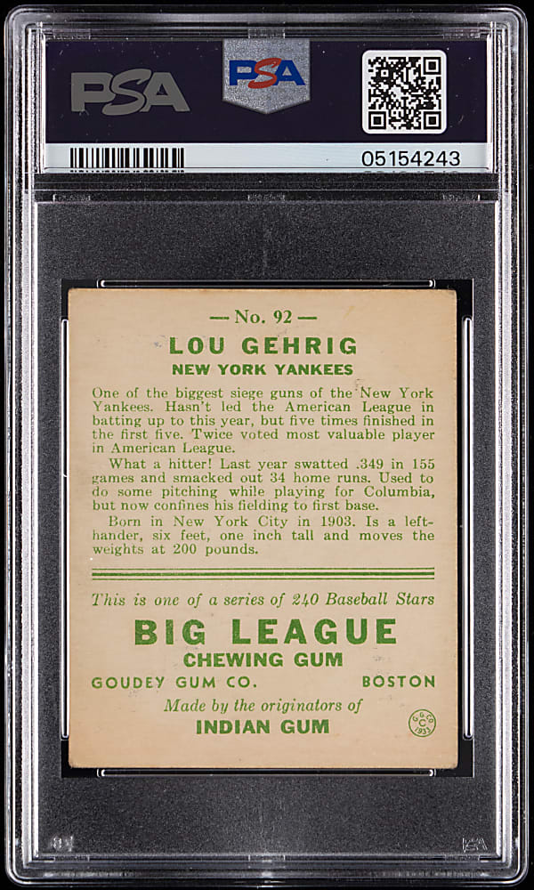 1933 Goudey #92 Lou Gehrig PSA EX 5