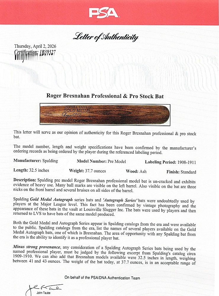 1908-1911 Roger Bresnahan Gold Medal Autograph Professional & Pro Stock Bat With PSA/DNA LOA