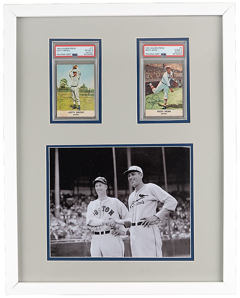 1961 Golden Press Cards (2) Signed by "Lefty" Grove and "Dizzy" Dean in Framed Display - Both PSA/DNA Certified
