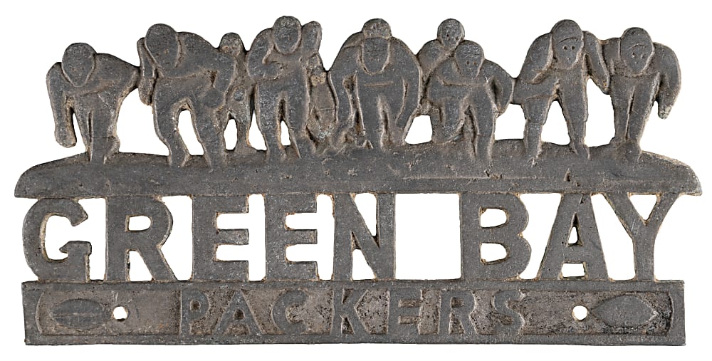 1930s Green Bay Packers Ornate License Plate Topper Issued by Packers Player Hank Bruder