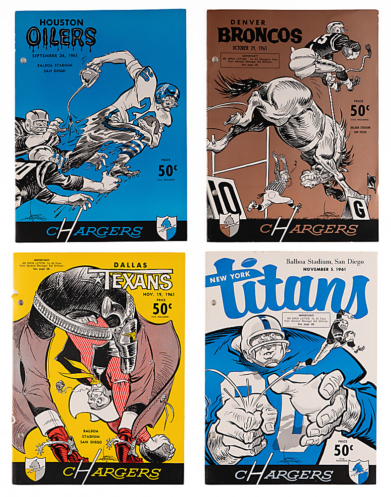 1961 San Diego Chargers 2nd Season Home Program Partial Set (4/7) - Great Artwork!