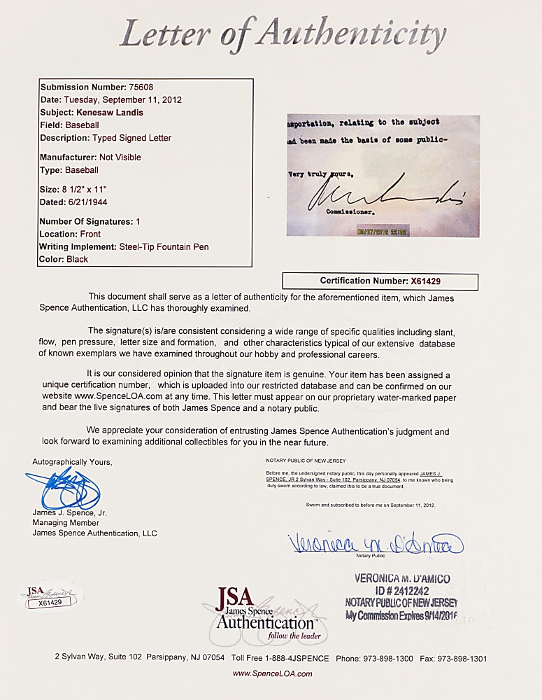 1944 Commissioner Kenesaw Mountain Landis Typed Letter Signed to NL President Ford Frick in Framed Display - Full JSA LOA