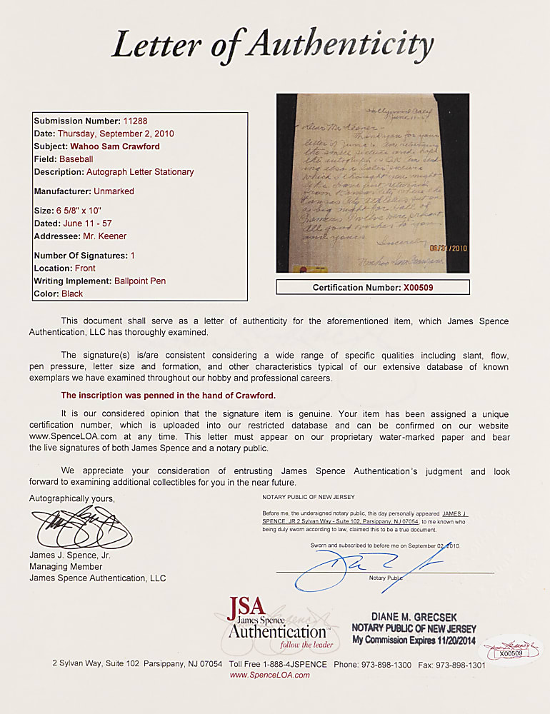 1957 Wahoo Sam Crawford Signed Handwritten Letter with Hall of Famer Content - Full JSA LOA