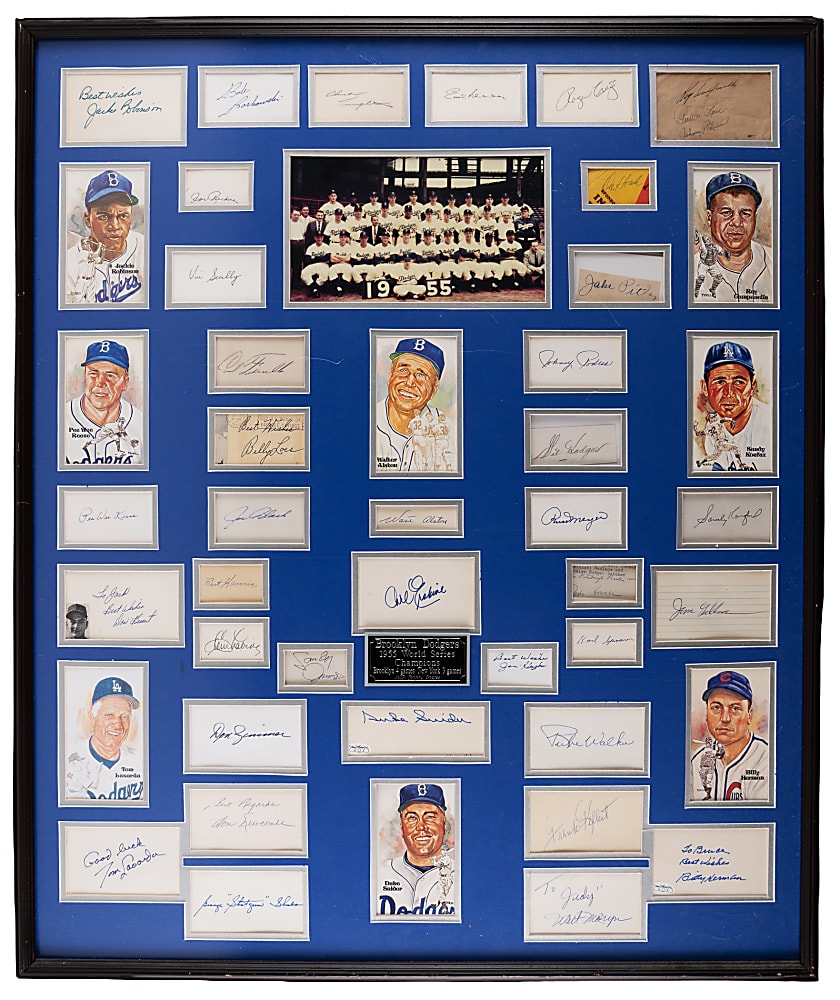 1955 World Champion Brooklyn Dodgers Display with (39) Signatures Including Robinson, Campanella & Hodges - Full JSA LOA