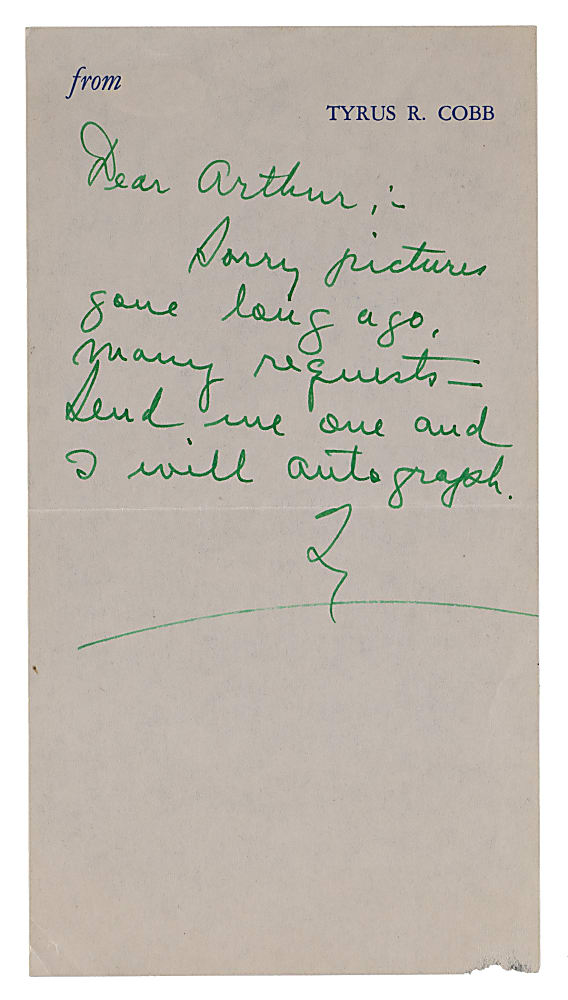 Circa 1950s Ty Cobb Boldly Signed Handwritten Note on Tyrus R. Cobb Stationery - PSA/DNA LOA - Beauty!