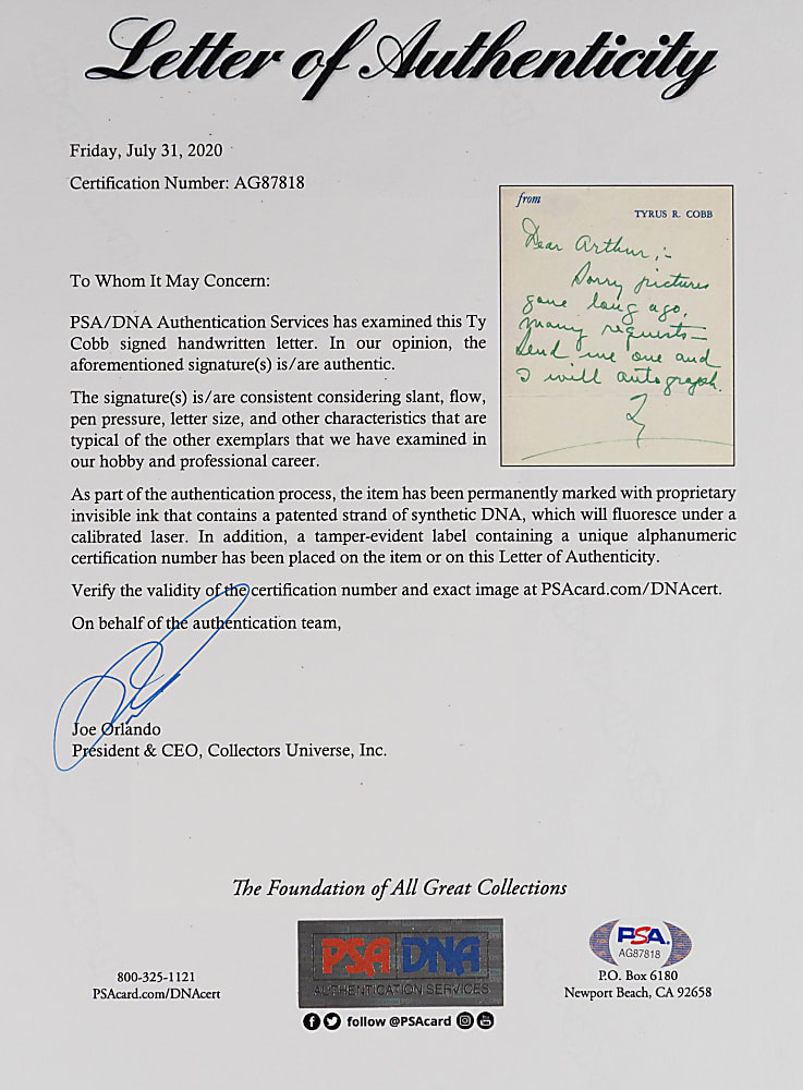 Circa 1950s Ty Cobb Boldly Signed Handwritten Note on Tyrus R. Cobb Stationery - PSA/DNA LOA - Beauty!