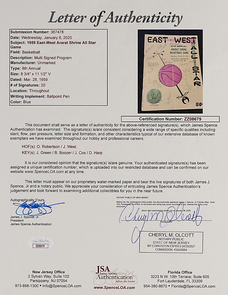 1959 Shriner's East-West All-Star Game Multi-Signed Program with (20) Signatures Including Jerry West, Oscar Robertson Plus Full JSA LOA
