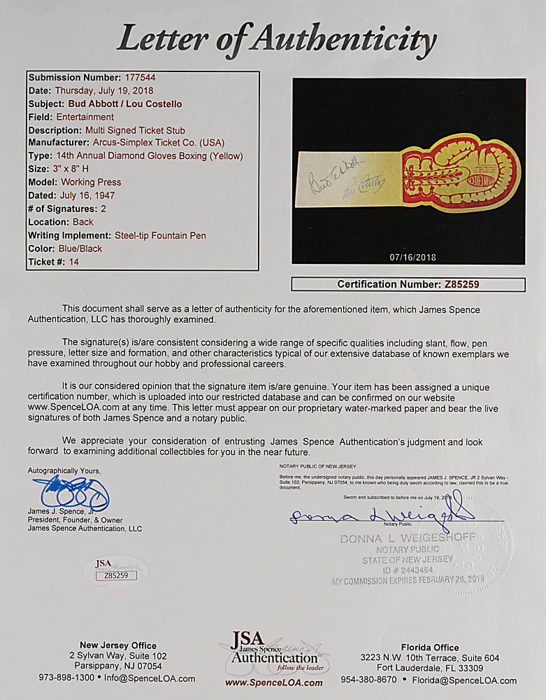 1947 Bud Abbott & Lou Costello Dual-Signed Diamond Gloves Boxing Tournament Press Pass - JSA LOA