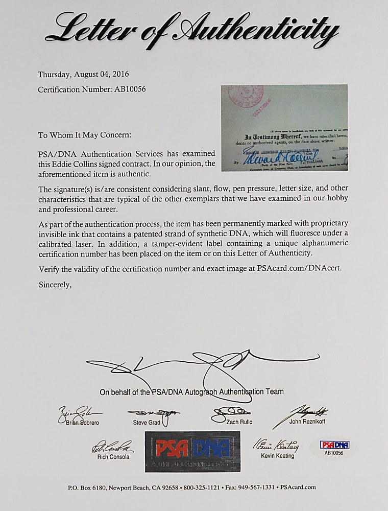 1934 Eddie Collins Signed Uniform Agreement for Assignment Contract with Full PSA LOA
