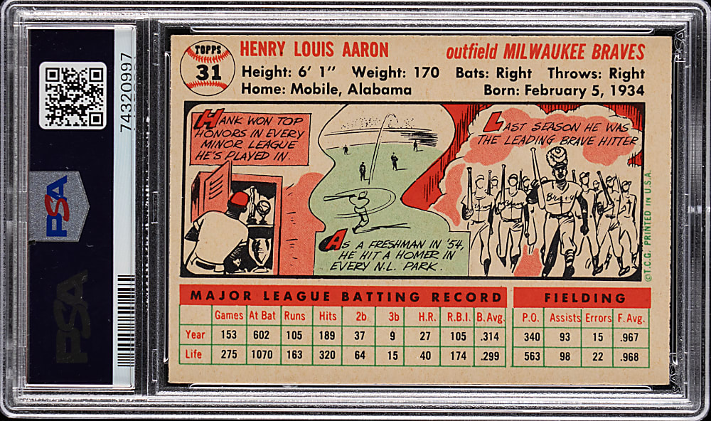 1956 Topps #31 Hank Aaron White Back PSA EX-MT 6