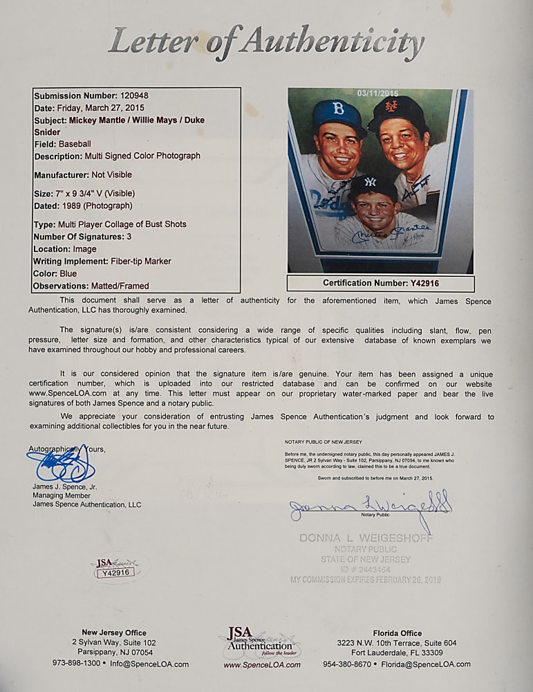 "Willie, Mickey & The Duke" Limited Edition (#/2500) Signed Photograph with Full JSA LOA