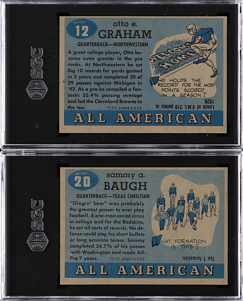 1955 Topps All-American Football #12 Otto Graham SGC VG/EX 4 & #20 Sammy Baugh SGC EX 5 Pair