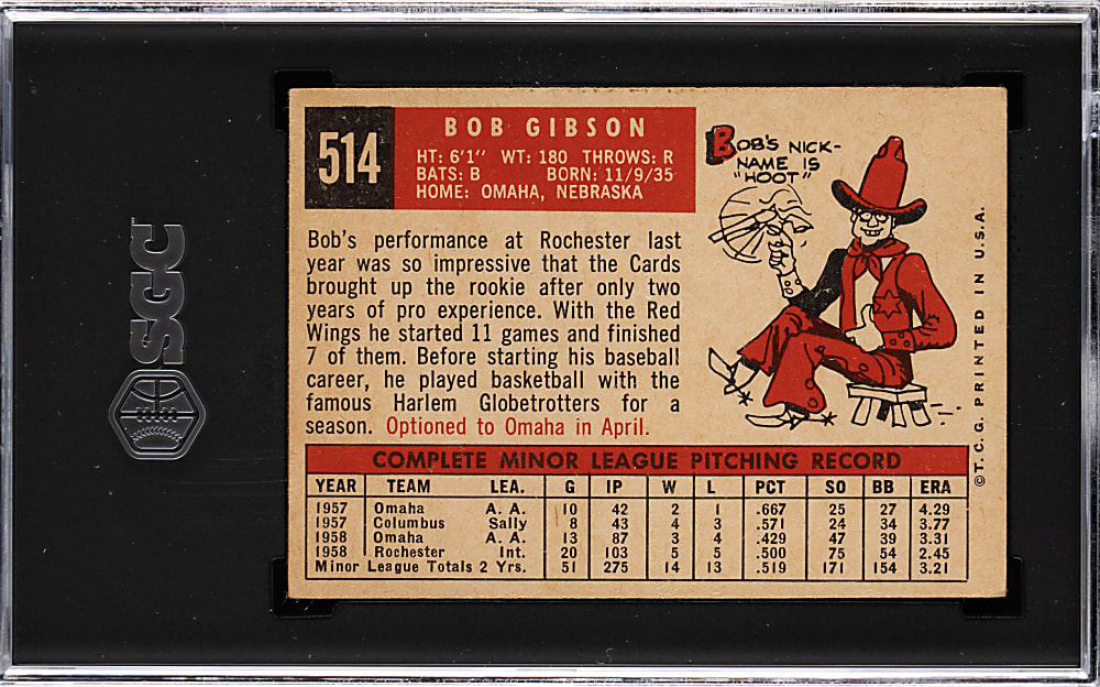 1959 Topps #514 Bob Gibson Rookie High Number SGC VG/EX+ 4.5