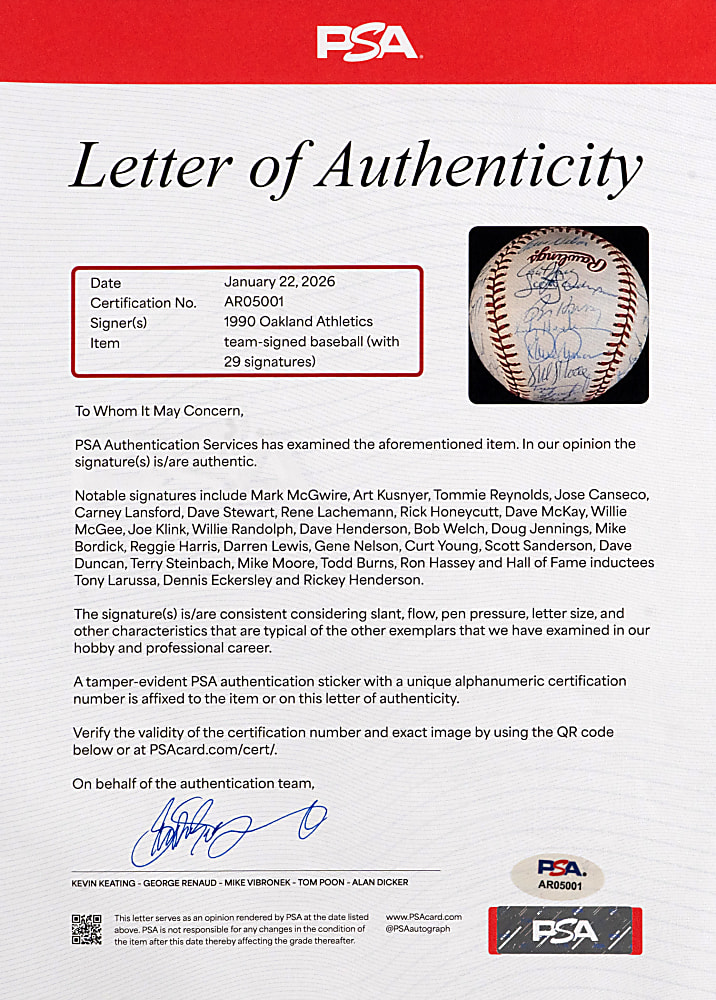 1990 American League Champions Oakland Athletics Team-Signed World Series Baseball with (29) Signatures Including McGwire, Canseco, R. Henderson Plus Full PSA LOA