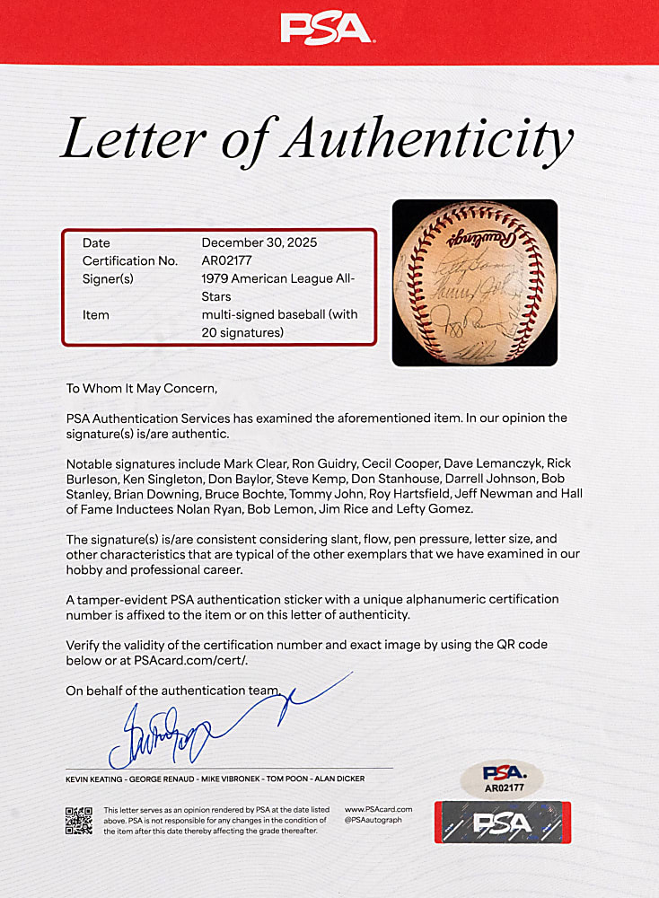 1979 American League All-Stars Team-Signed 50th Anniversary OASG/Kuhn Baseball with (20) Signatures Including Ryan, Rice, Lopez Plus Full PSA LOA