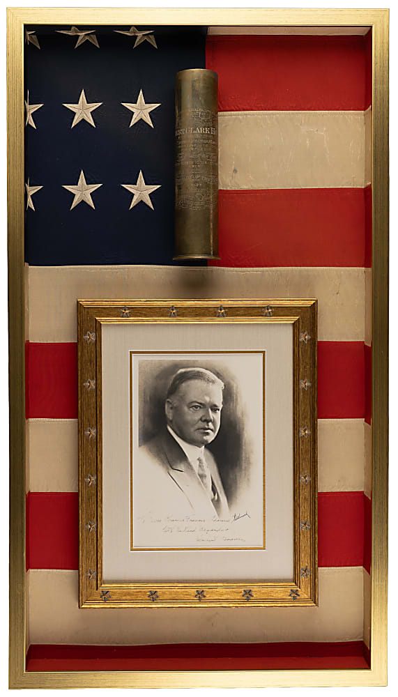 1930 Herbert Hoover Display with Signed Photograph to C.F. Adams III & Engraved Naval Salute Shell