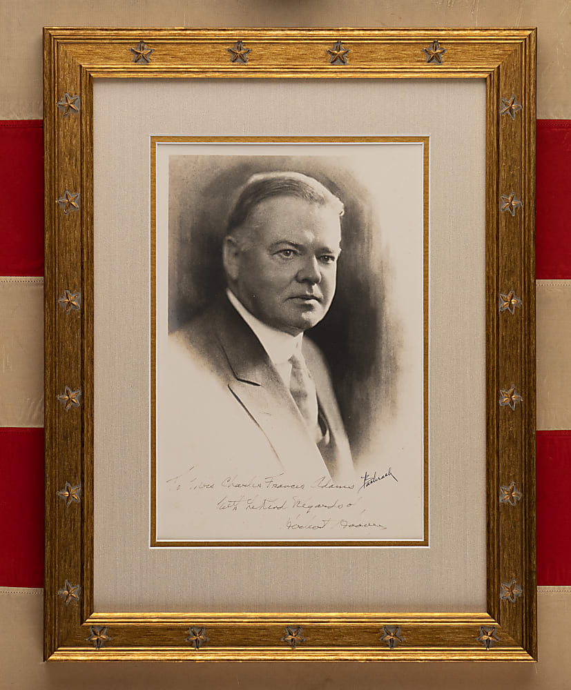 1930 Herbert Hoover Display with Signed Photograph to C.F. Adams III & Engraved Naval Salute Shell