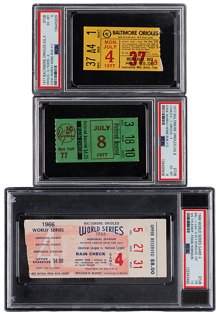 1966-1977 Baltimore Orioles PSA Graded Milestone Tickets Group (3) with 1966 World Series Game 4 Clincher