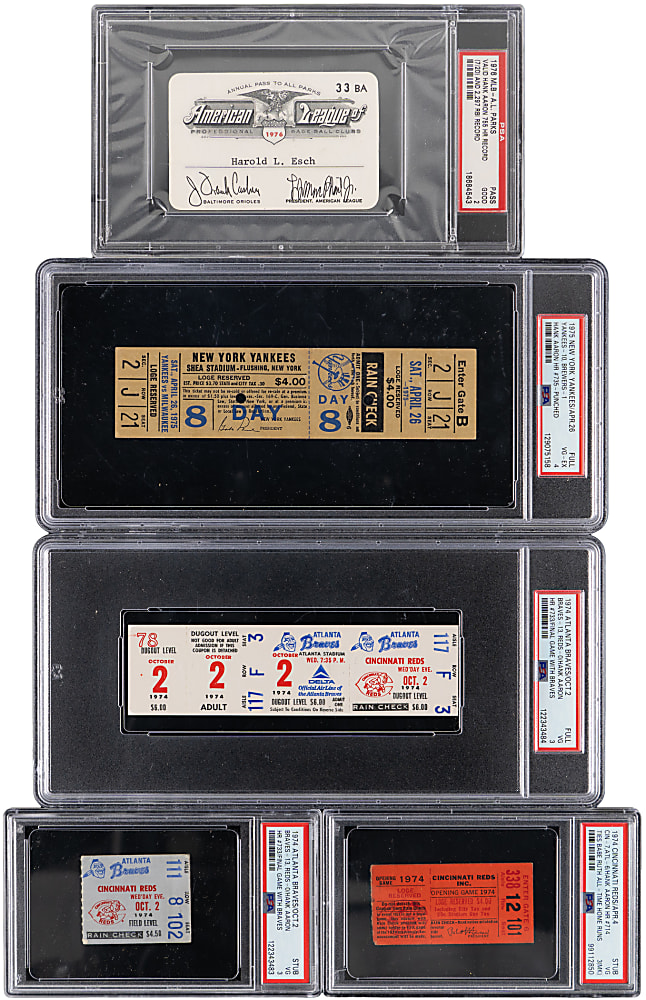 1974-1976 Hank Aaron Milestone Tickets (5) with Home Run Record, Final Game & Tying Ruth - All PSA Graded