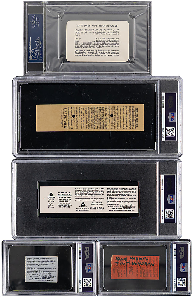 1974-1976 Hank Aaron Milestone Tickets (5) with Home Run Record, Final Game & Tying Ruth - All PSA Graded