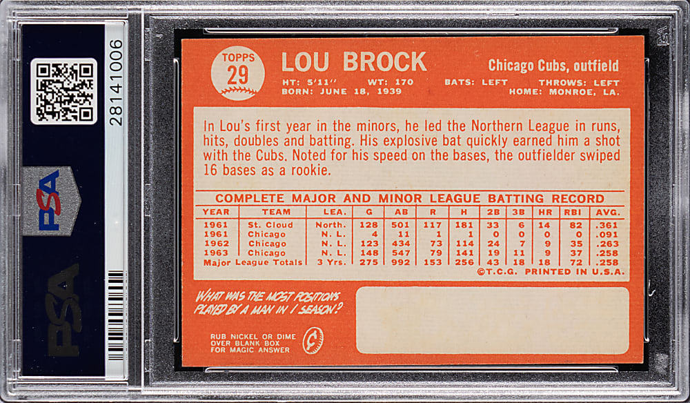1964 Topps #29 Lou Brock PSA NM-MT 8 from #24 PSA Registry Set Break