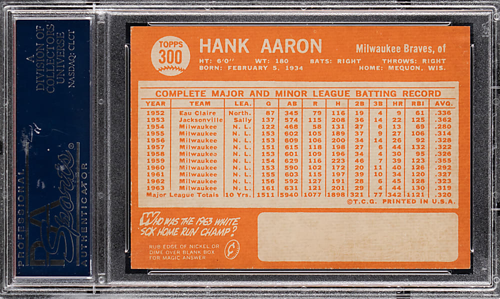 1964 Topps #300 Hank Aaron PSA NM-MT 8 from #24 PSA Registry Set Break