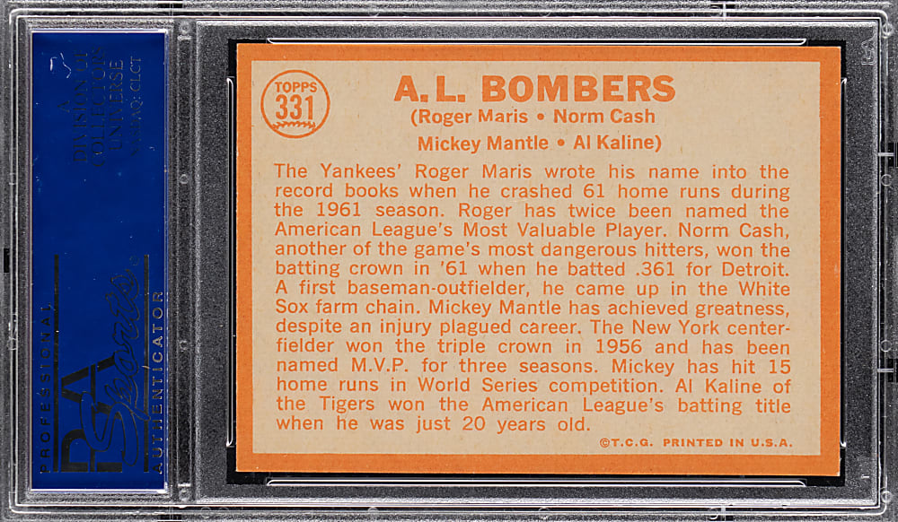 1964 Topps #331 A.L. Bombers with Mickey Mantle PSA NM-MT 8 from #24 PSA Registry Set Break