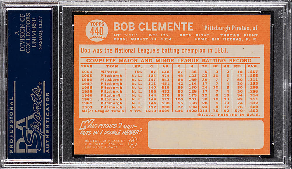 1964 Topps #440 Roberto Clemente PSA NM 7 from #24 PSA Registry Set Break
