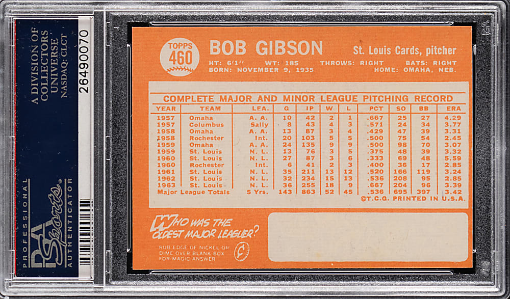 1964 Topps #460 Bob Gibson PSA NM-MT 8 from #24 PSA Registry Set Break