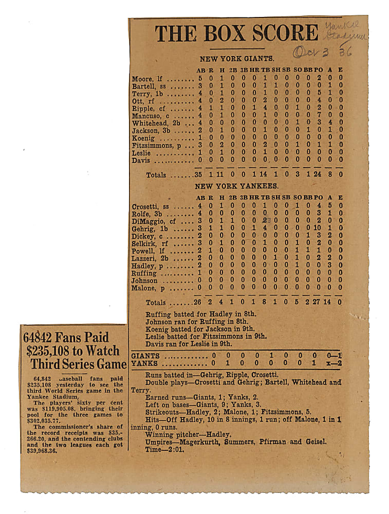 1936 New York Yankees vs. New York Giants World Series Game 3 Program - Lou Gehrig Home Run!