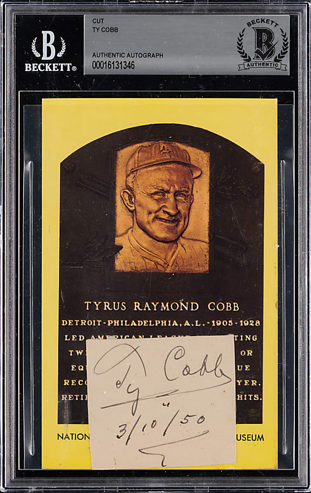 1950 Ty Cobb Signed and Date Inscribed Cut on Yellow Hall of Fame Postcard - Beckett Authentic