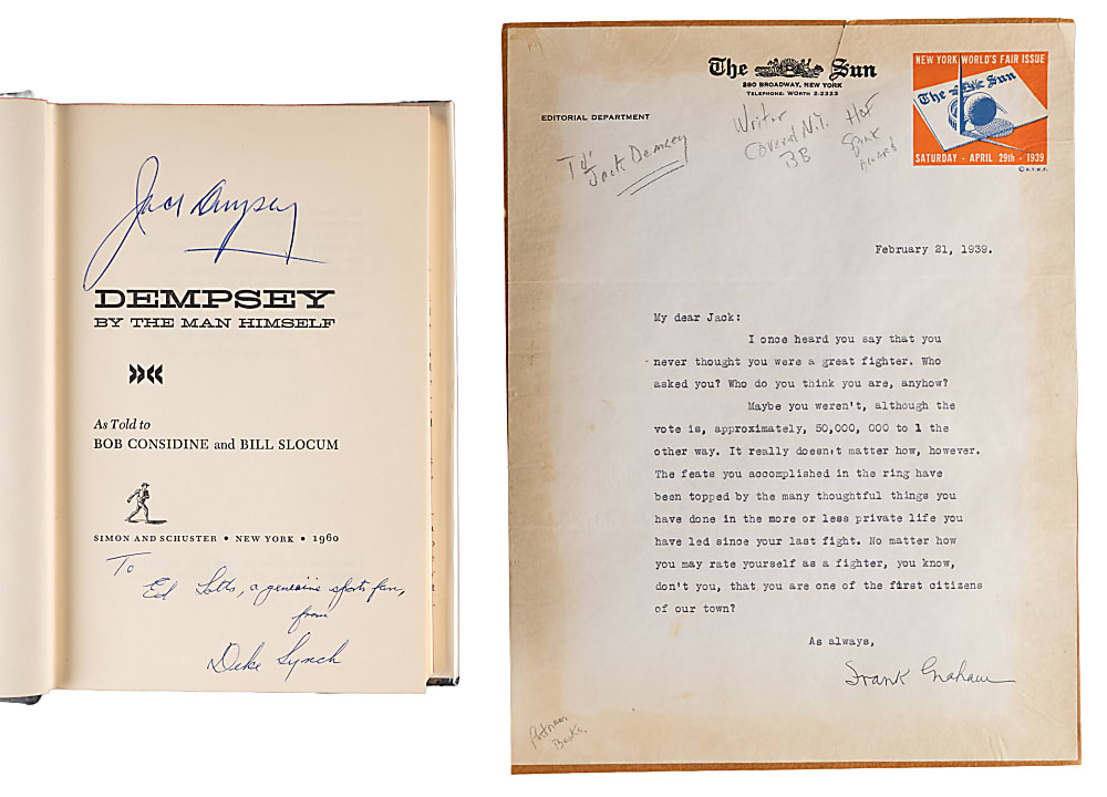 1960 Jack Dempsey Signed Book & 1939 Frank Graham Typed Letter Signed to Dempsey