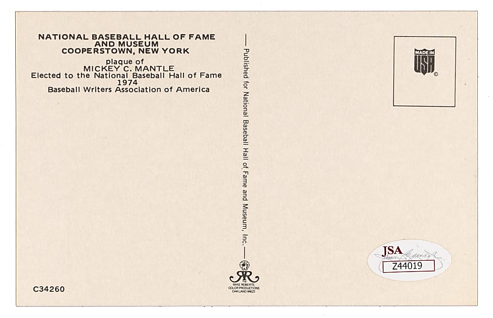 Mickey Mantle Signed Yellow Hall of Fame Postcard JSA