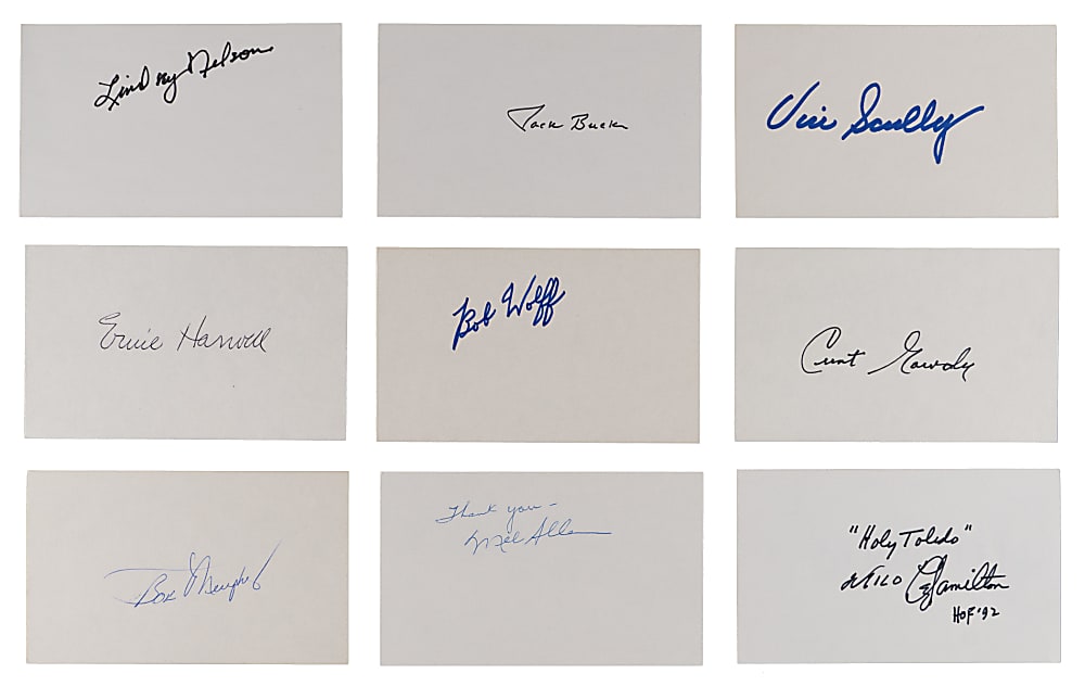 Legendary Announcer/Sportscaster Signed Index Cards (9) with Jack Buck & Vin Scully