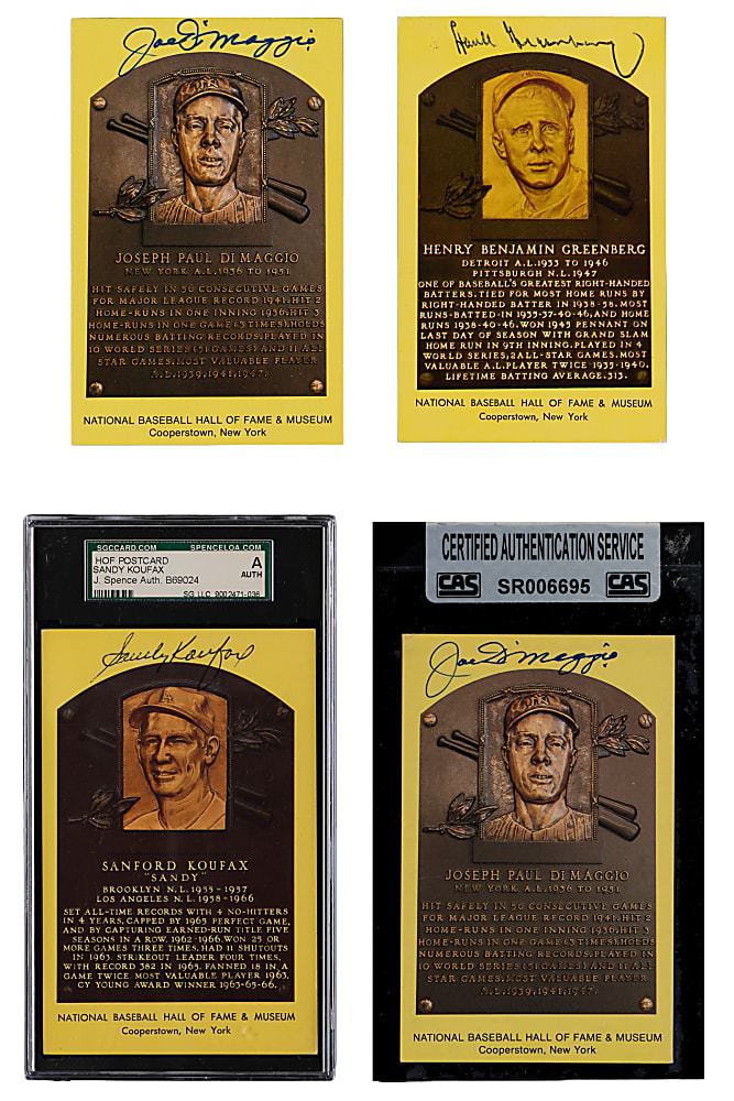 Signed Yellow Hall of Fame Postcard Quartet with (2) Joe DiMaggio, Hank Greenberg & Sandy Koufax