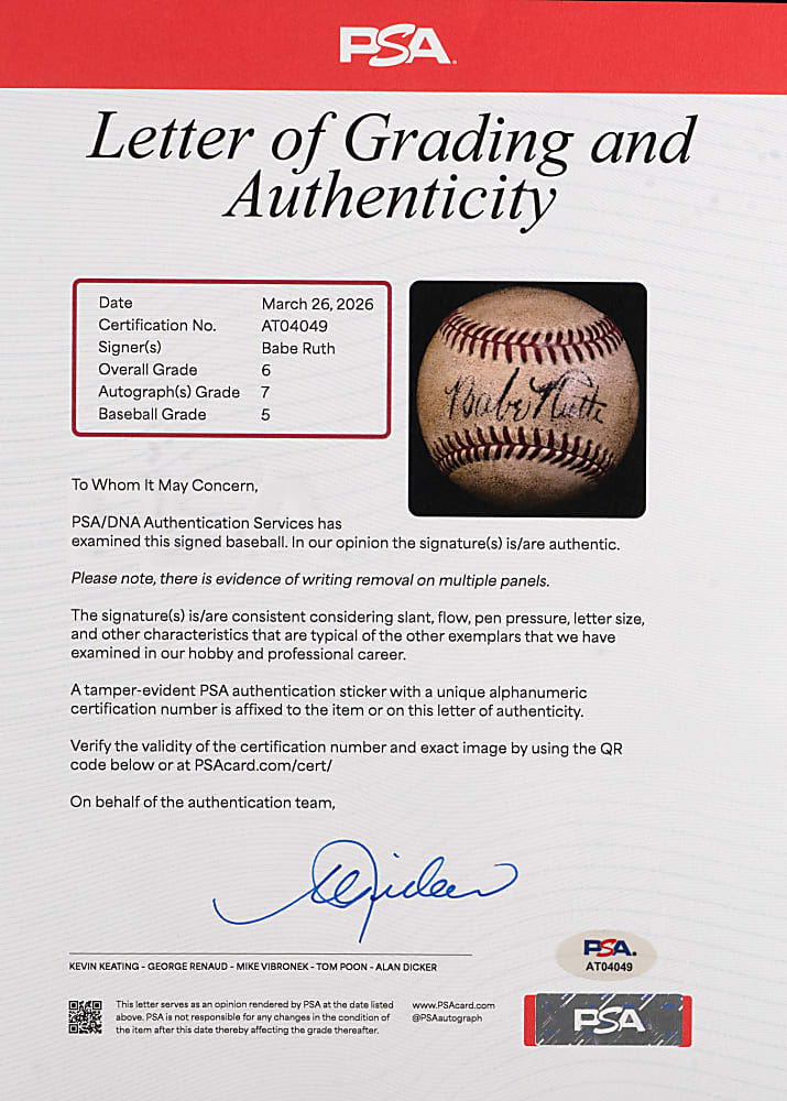Babe Ruth Signed OAL/Harridge Baseball - PSA/DNA Overall Grade 6, Signature Grade 7