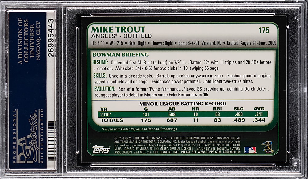 2011 Bowman Chrome #175 Mike Trout Rookie PSA GEM MINT 10