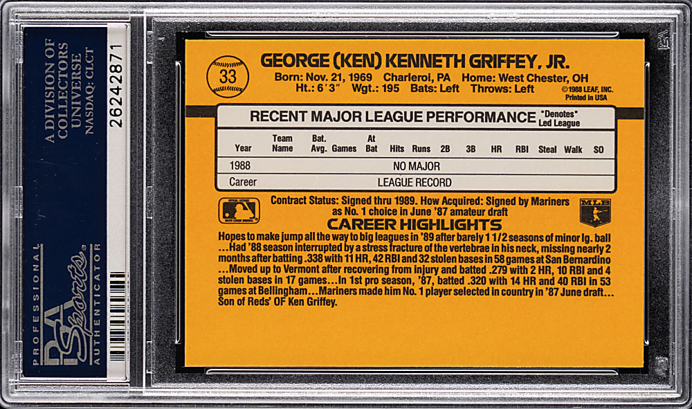 1989 Donruss #33 Ken Griffey Jr. Rated Rookie PSA GEM MINT 10