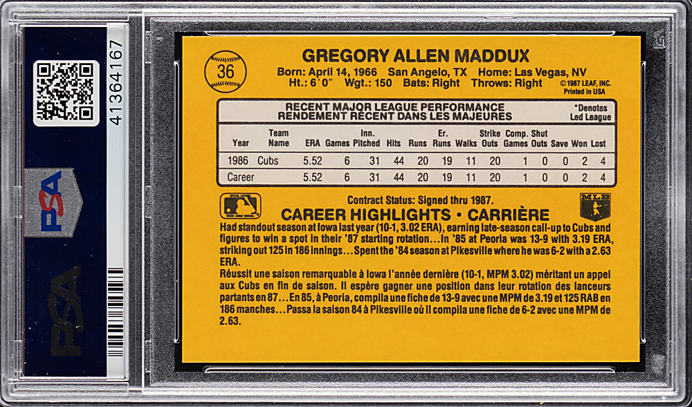 1987 Leaf #36 Greg Maddux Rated Rookie PSA GEM MINT 10